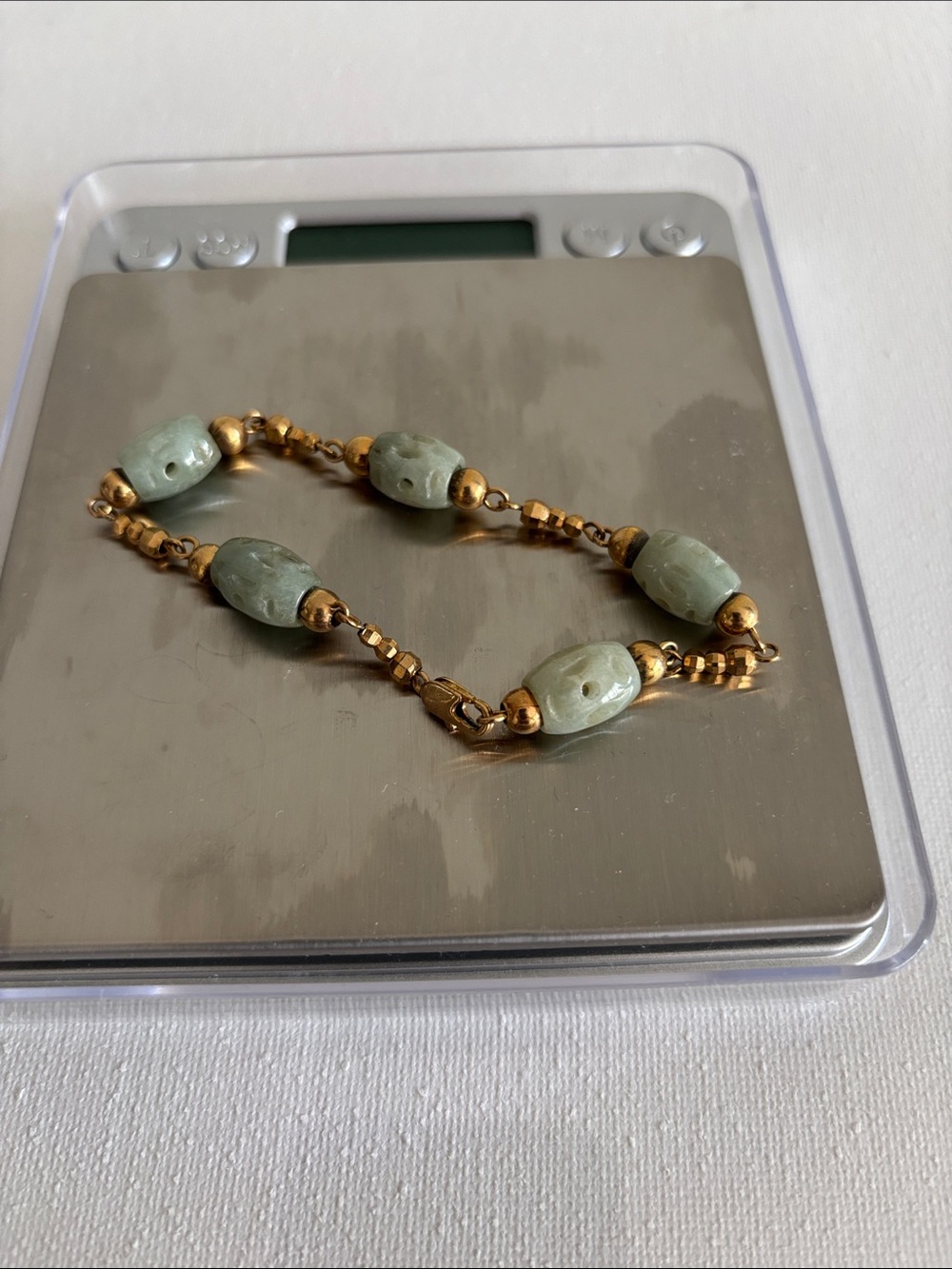 Gold-Bead Bracelet with Green Jade Barrel Beads - Women Jewelry